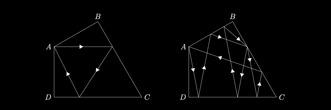 Billiard traces showing ball paths on the quadrilateral table